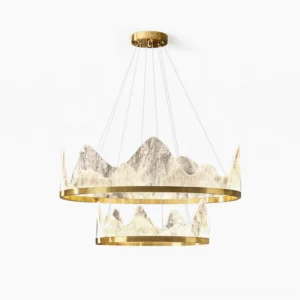 Mendez Modern dual-tier mountain chandelier in brushed gold finish with marbled acrylic diffusers - front studio view