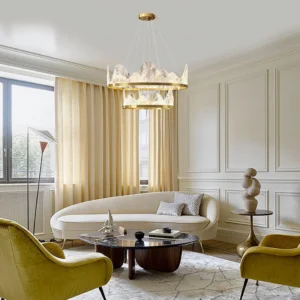 Mendez tiered chandelier illuminating French neoclassical luxury living room with warm contemporary ambiance