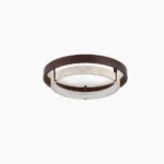 Menine travertine and walnut flush mount ceiling light front view, showcasing textured stone and warm wood frame