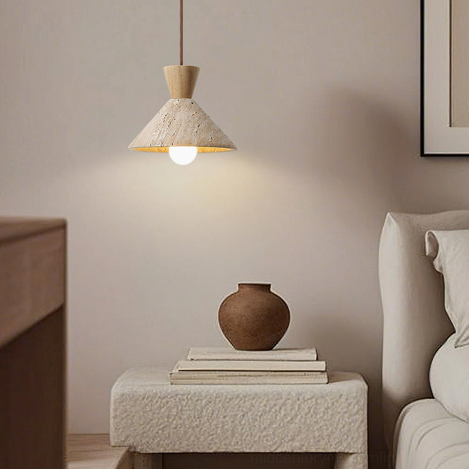 Menra travertine wood pendant light side view living room cozy minimalist aesthetic