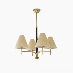 Mercer 4-light mid-century modern brass and walnut wood chandelier with beige fabric shades, studio front view
