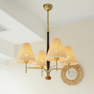 Mercer mid-century chandelier with rattan fabric shades hanging in modern apartment living room, overhead view
