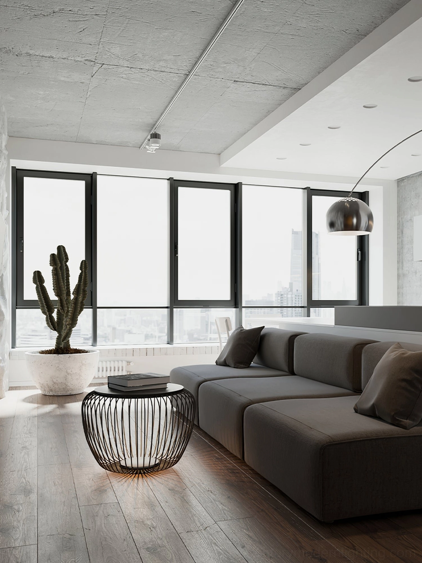 Meridiano table lamp in contemporary open-plan apartment bright windows l-shaped sofa