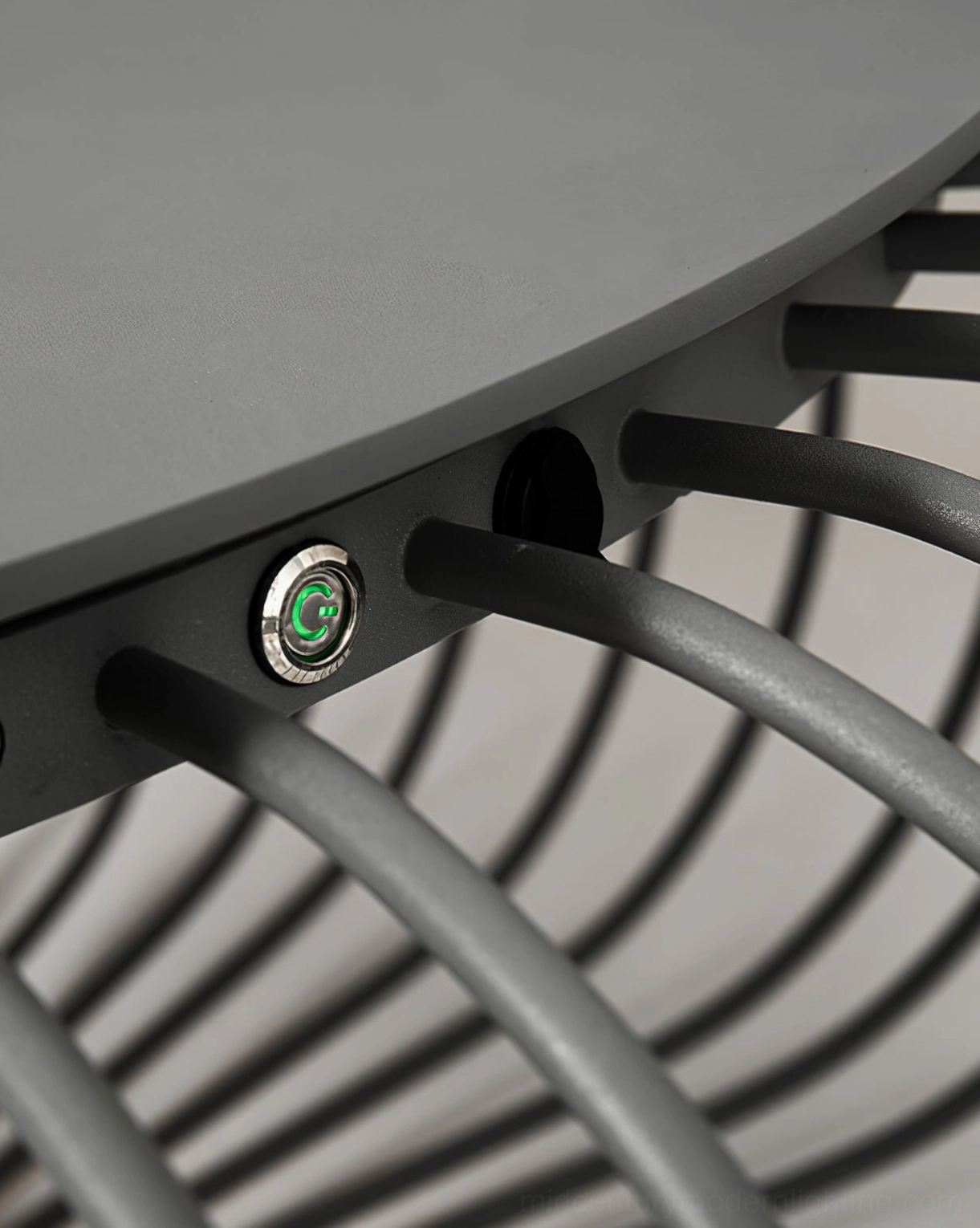 Meridiano table light power switch close-up green indicator matte black metal detail