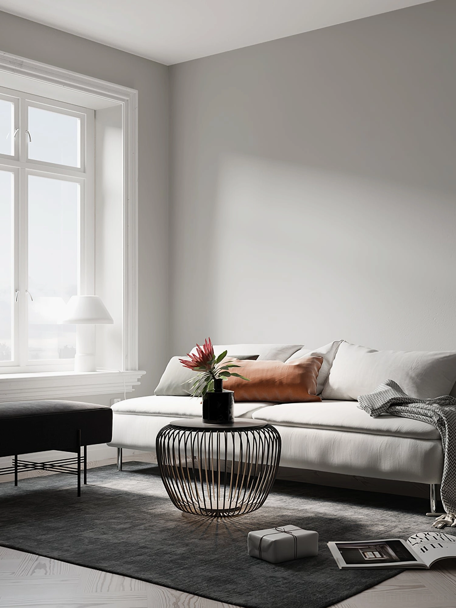 Meridiano garden table light in modern minimalist living room with sofa area rug
