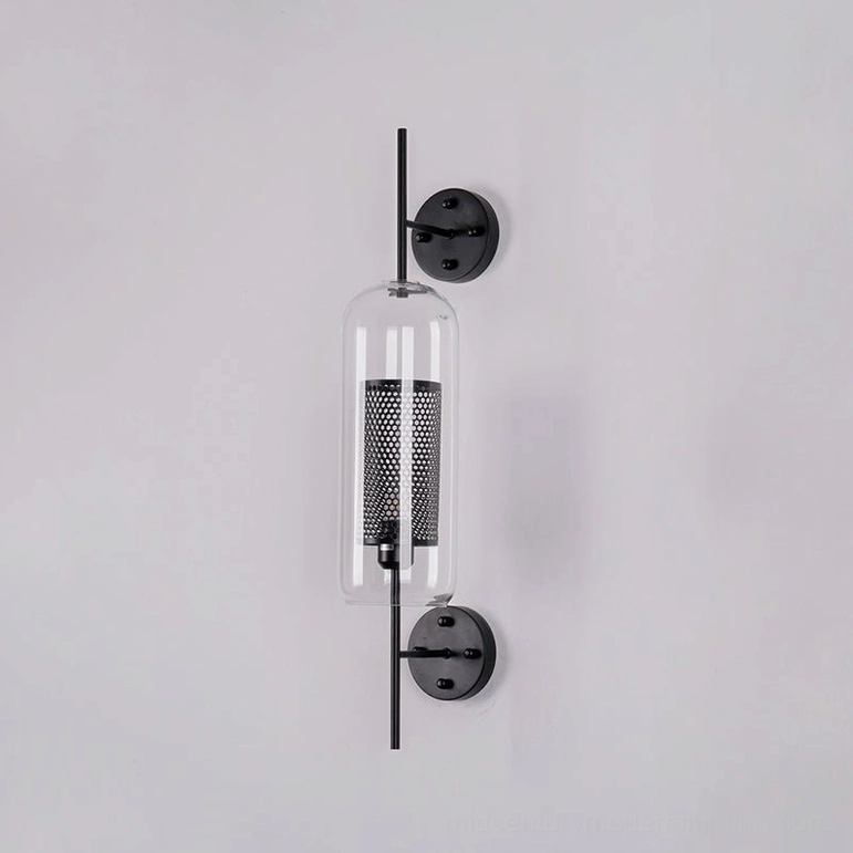 Glass wall sconce detail showing mesh construction and light quality characteristics