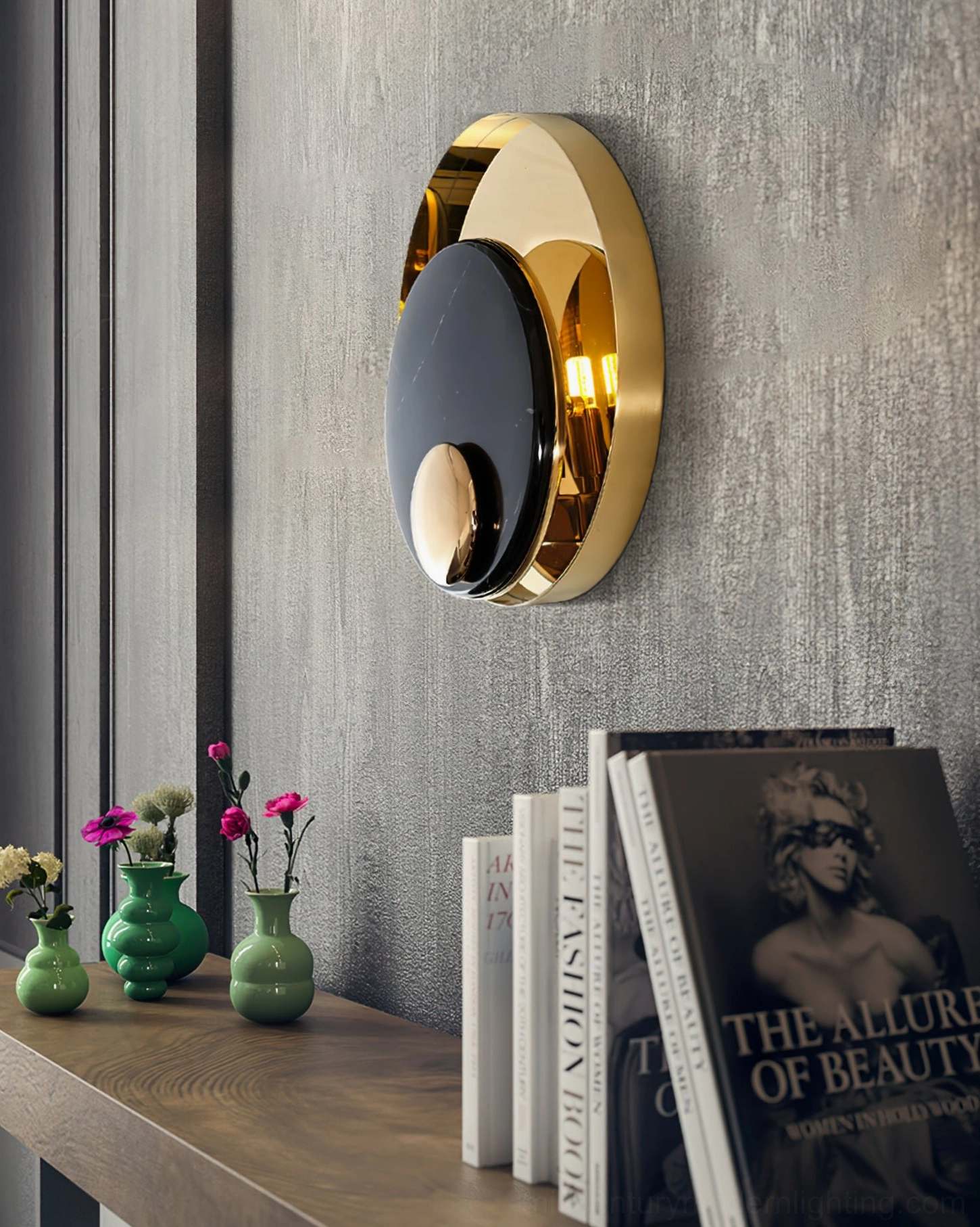 Black marble gold wall lamp in contemporary living room console table area, luxury modern home accent lighting