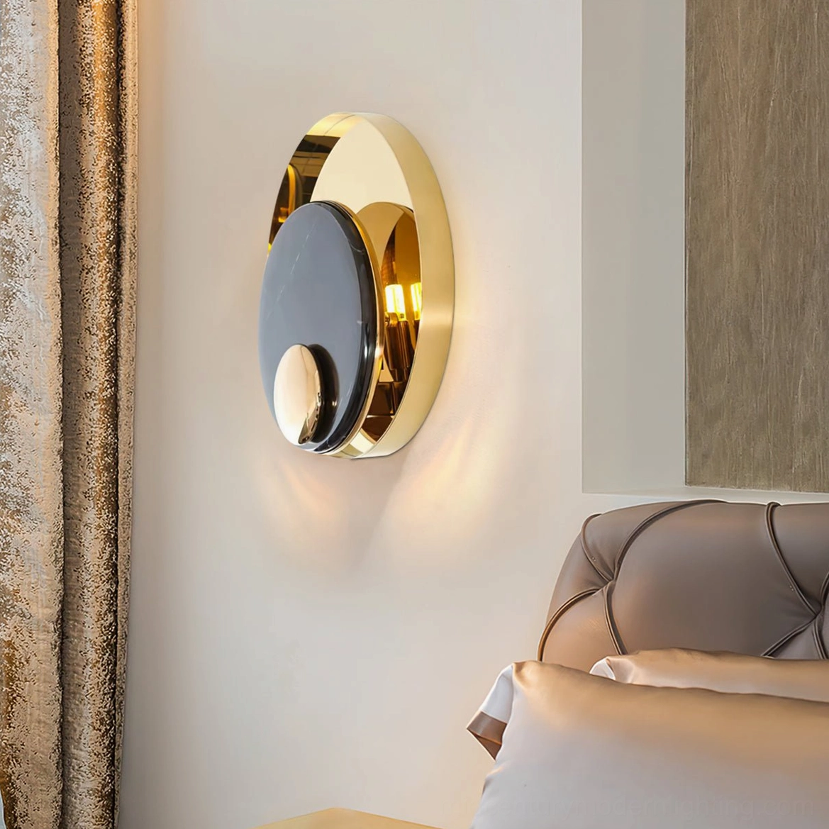 Black marble gold wall lamp mounted in contemporary master bedroom with curtains, modern luxury home lighting