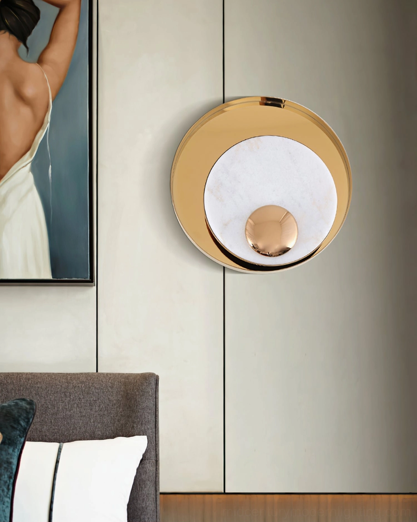 White marble gold wall lamp mounted above bedroom decorative artwork, minimalist luxury wall lighting accent