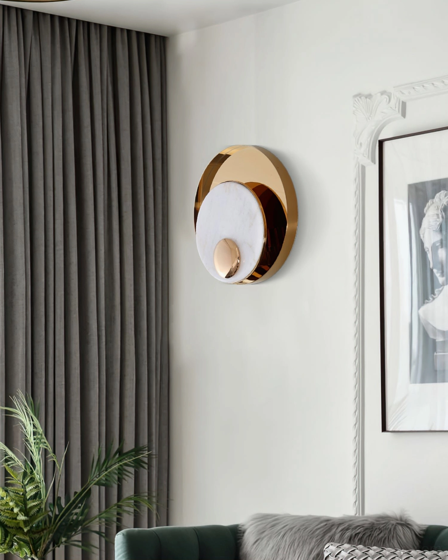 White marble gold wall lamp in modern living room with sofa, soft warm luxury ambient lighting design
