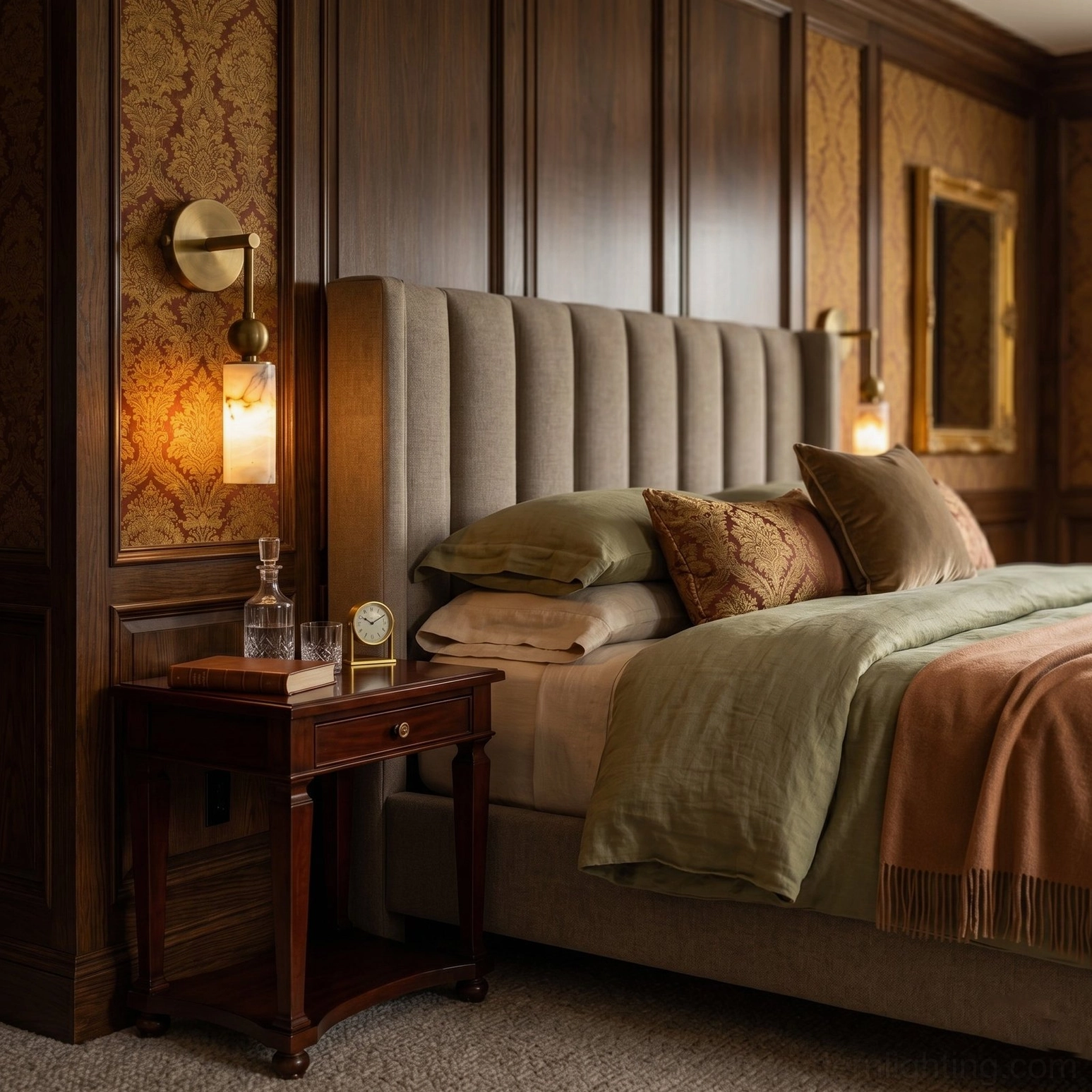 Single Metro Alabaster wall sconce as bedside reading light in traditional luxury bedroom with fabric headboard