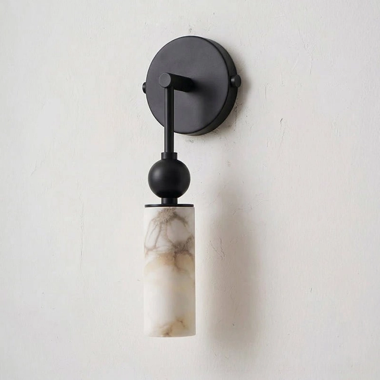 Single-head Metro Alabaster wall lamp in black finish with white alabaster shade, modern minimalist style