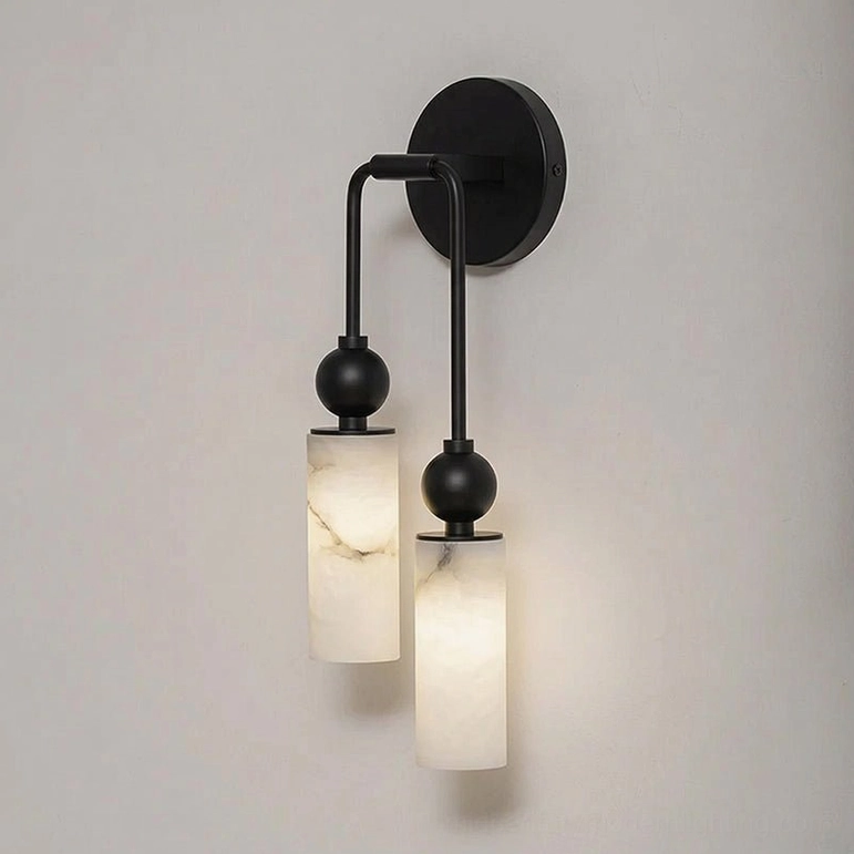 Two-head Metro Alabaster wall lamp left configuration in black finish, symmetric bedroom placement