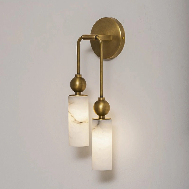 Two-head Metro Alabaster wall lamp left configuration in brass finish, elegant paired lighting