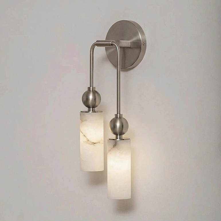 Two-head Metro Alabaster wall lamp left configuration in nickel finish with symmetric mount