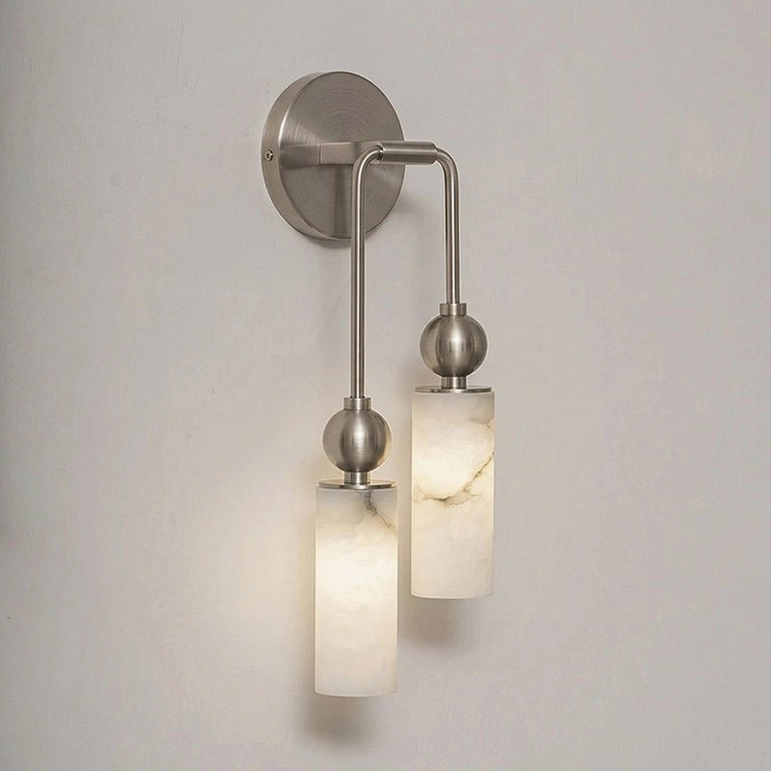 Two-head Metro Alabaster wall sconce in nickel color and white finish, dual-lamp configuration
