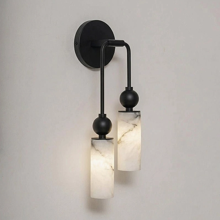 Two-head Metro Alabaster wall sconce in black finish, right configuration with paired shades