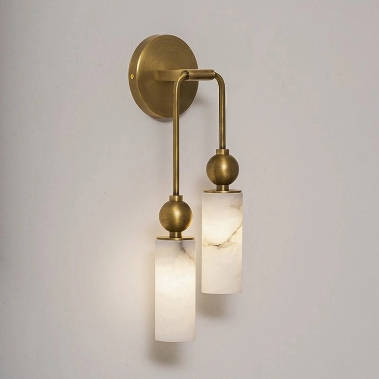 Two-head Metro Alabaster wall sconce in brass finish right configuration with natural alabaster shades