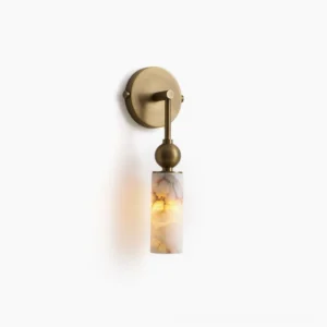 Metro Alabaster Wall Sconce with brass finish and natural alabaster cylindrical shade, frontal view on white background
