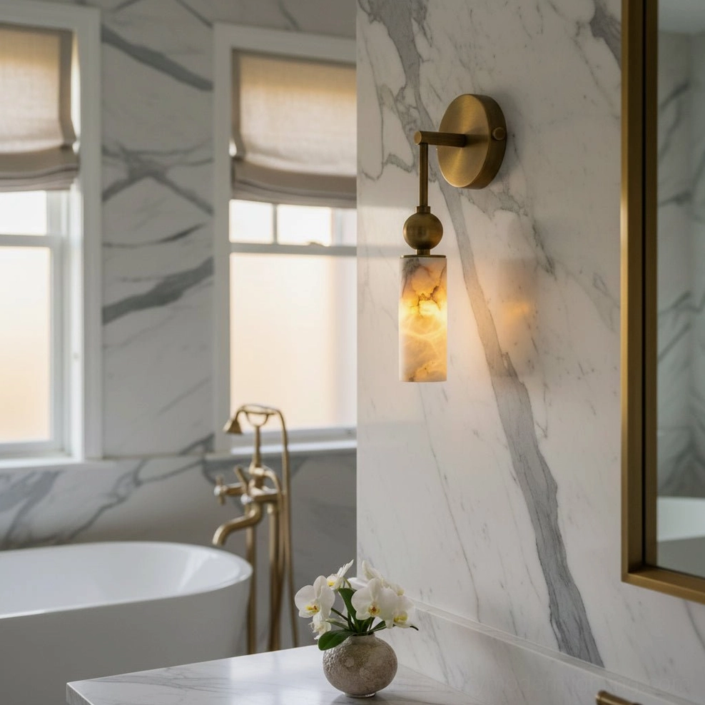 Metro Alabaster wall sconce mounted in contemporary modern bedroom interior design setting
