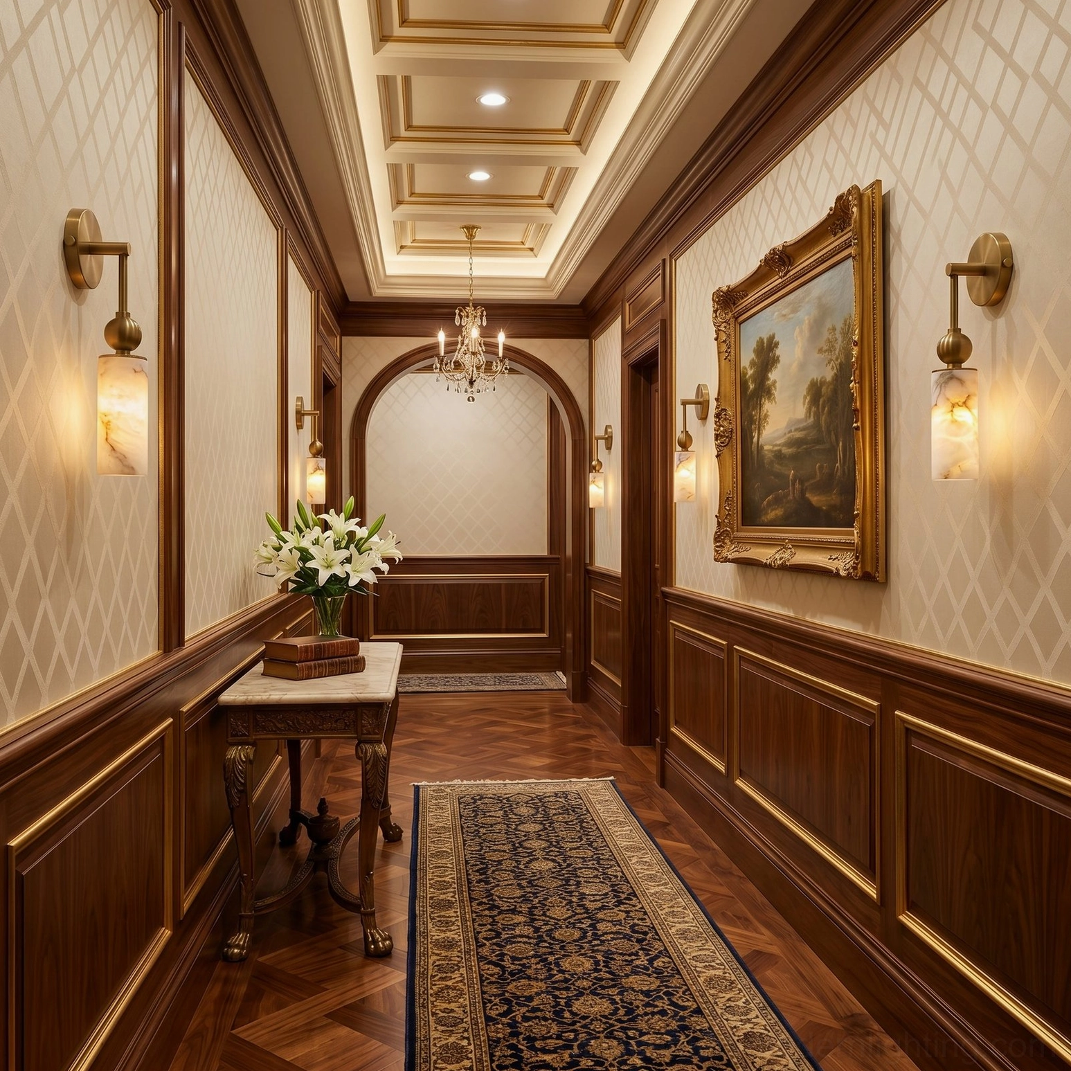 Metro Alabaster wall lamps mounted symmetrically in wood-paneled luxury hallway with warm accent lighting