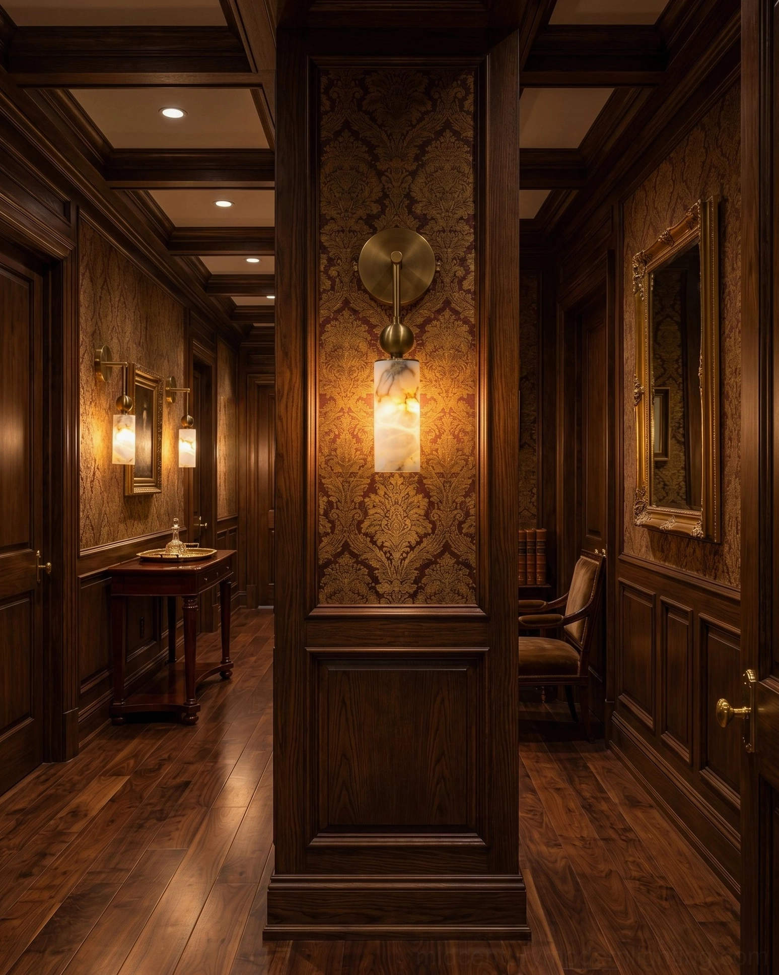 Metro Alabaster wall sconce providing warm ambient lighting in dim wood-paneled vintage hallway corridor