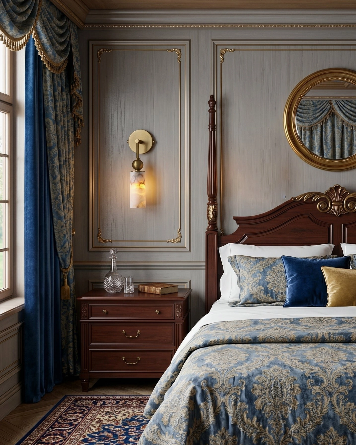 Modern Metro Alabaster wall sconce with alabaster shade matching elegant bedroom blue drapery decor