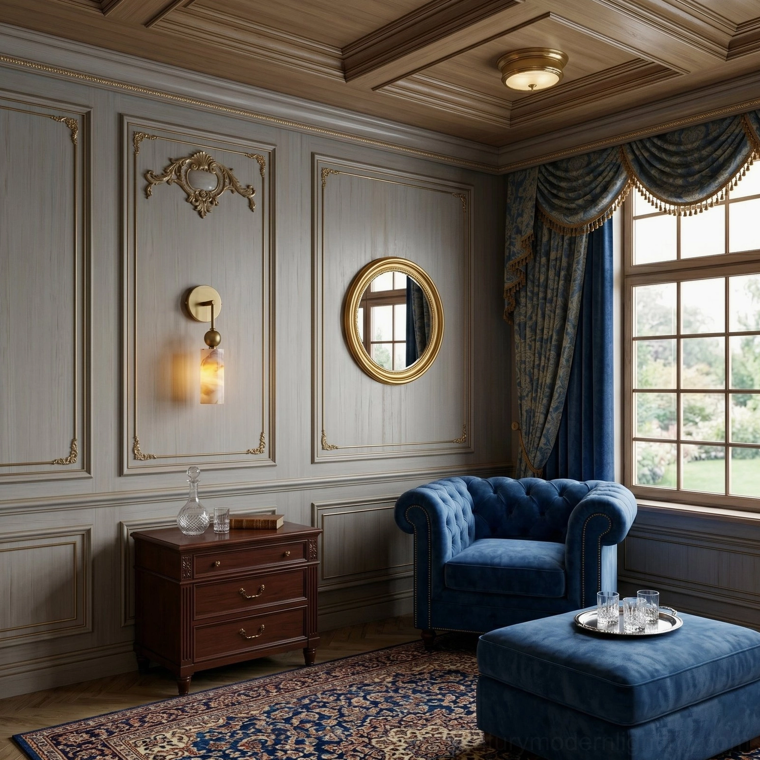 Metro Alabaster wall sconce in formal luxury sitting room with grey paneled walls and tufted armchair