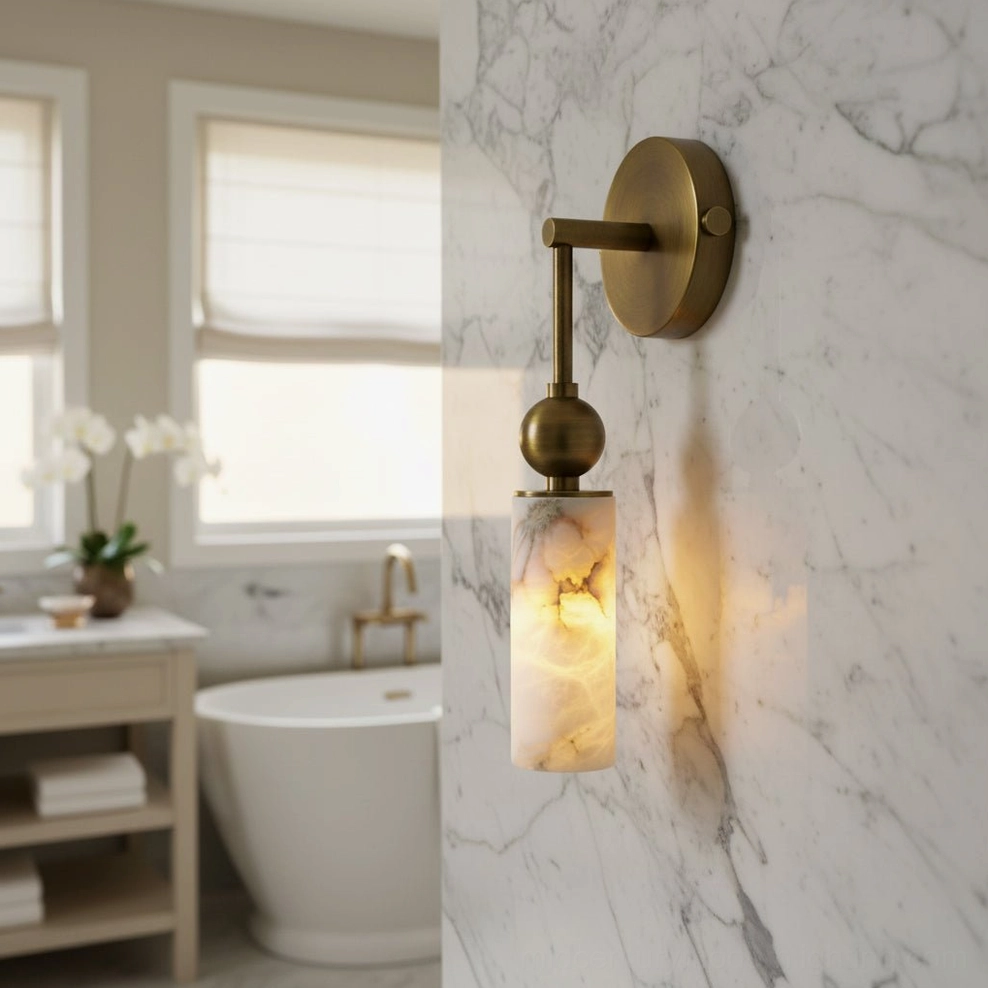 Metro Alabaster wall sconce close-up showing natural alabaster texture and warm light diffusion qualities