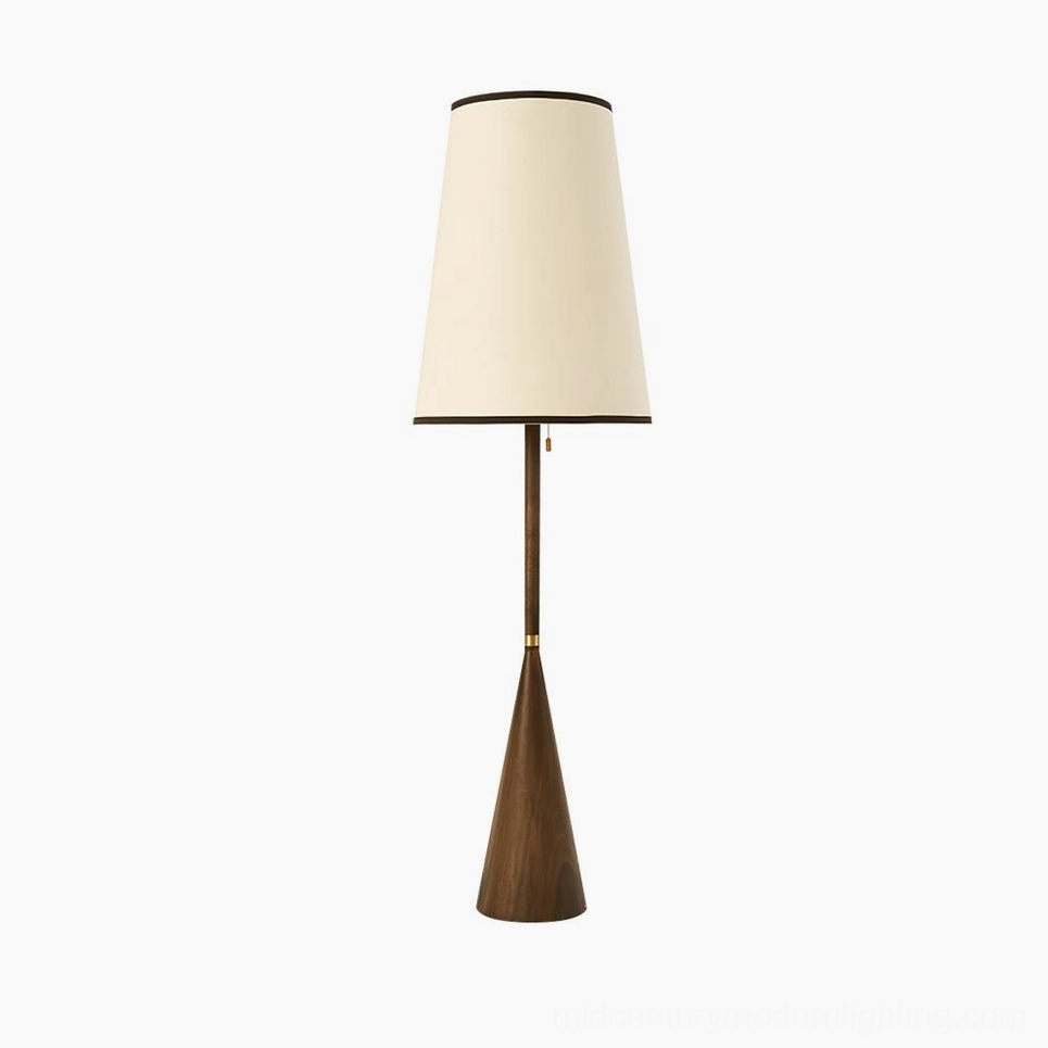 Mezzo mid-century modern floor lamp with natural wood base and neutral fabric shade variant view