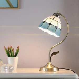 Mica table lamp styled on bedroom dresser with succulent plant and crystal decor, retro pastoral aesthetic