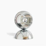 Mickey mid-century modern chrome globe table lamp in polished silver finish, frontal studio view showcasing spherical geometric design