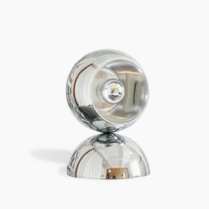 Mickey mid-century modern chrome globe table lamp in polished silver finish, frontal studio view showcasing spherical geometric design