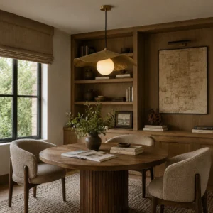 Organic modern alabaster pendant lighting fixture suspended above formal dining table with warm wood tones and brass hardware