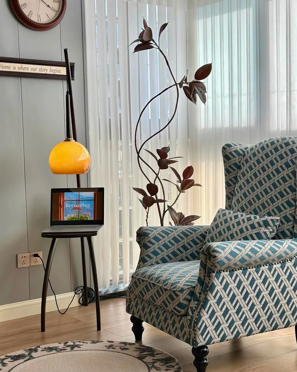 Mid-century modern arc floor lamp with amber glass and walnut side table, complete design view