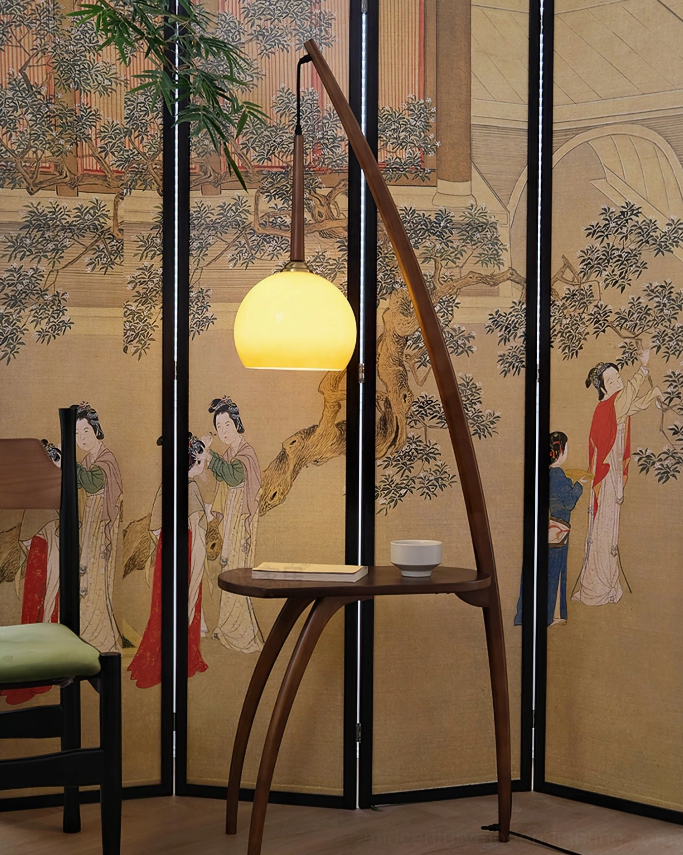 Mid-century modern arc floor lamp with side table, functional and decorative lighting piece