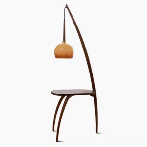 Domus Pollo mid-century modern arc floor lamp with side table, walnut wood and amber glass shade, studio front view