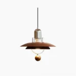 Belid mid-century modern pendant lamp with walnut wood saucer shade and chrome hardware, front overhead studio view
