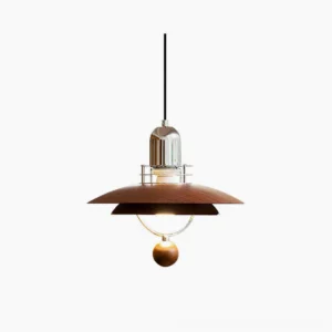 Belid mid-century modern pendant lamp with walnut wood saucer shade and chrome hardware, front overhead studio view