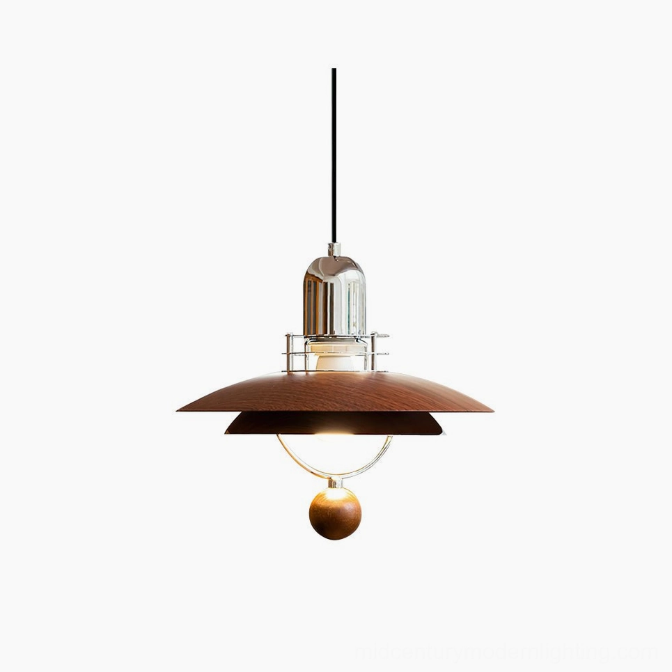 Belid mid-century modern pendant lamp with walnut wood saucer shade and chrome hardware, front overhead studio view