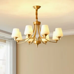 Mid-century modern 8-light brass chandelier with twisted rod frame and white glass shades, beige interior setting