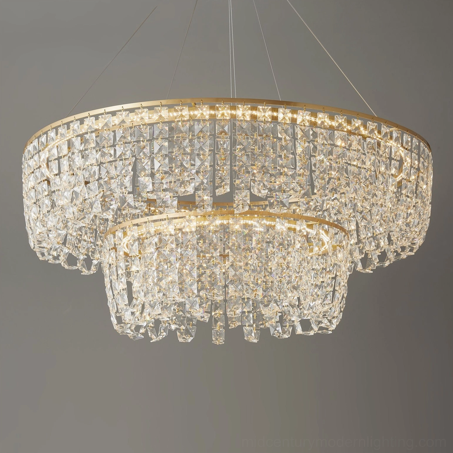 Mid-century inspired brass chandelier geometric design with architectural detail photography
