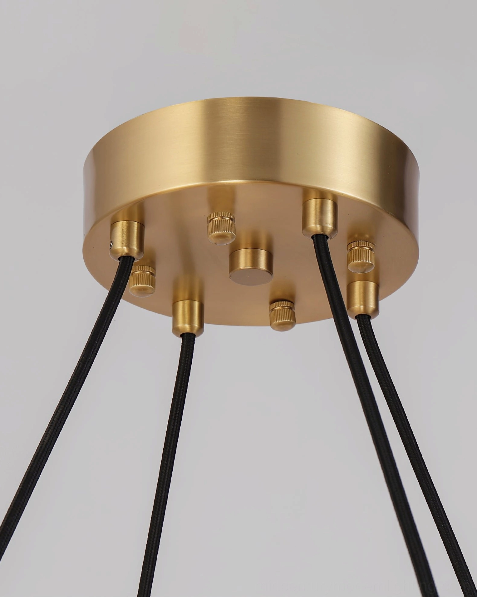 Modern mid-century inspired brass chandelier, Grand Lustre collection frosted glass pendant lighting fixture