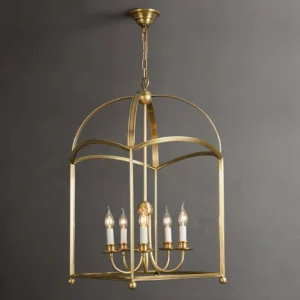 Mid-century modern brass chandelier three-quarter angle view dark background