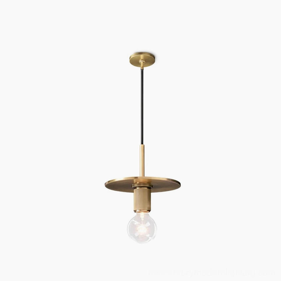 Mid-century modern brass pendant lamp with clear glass shade - front studio view