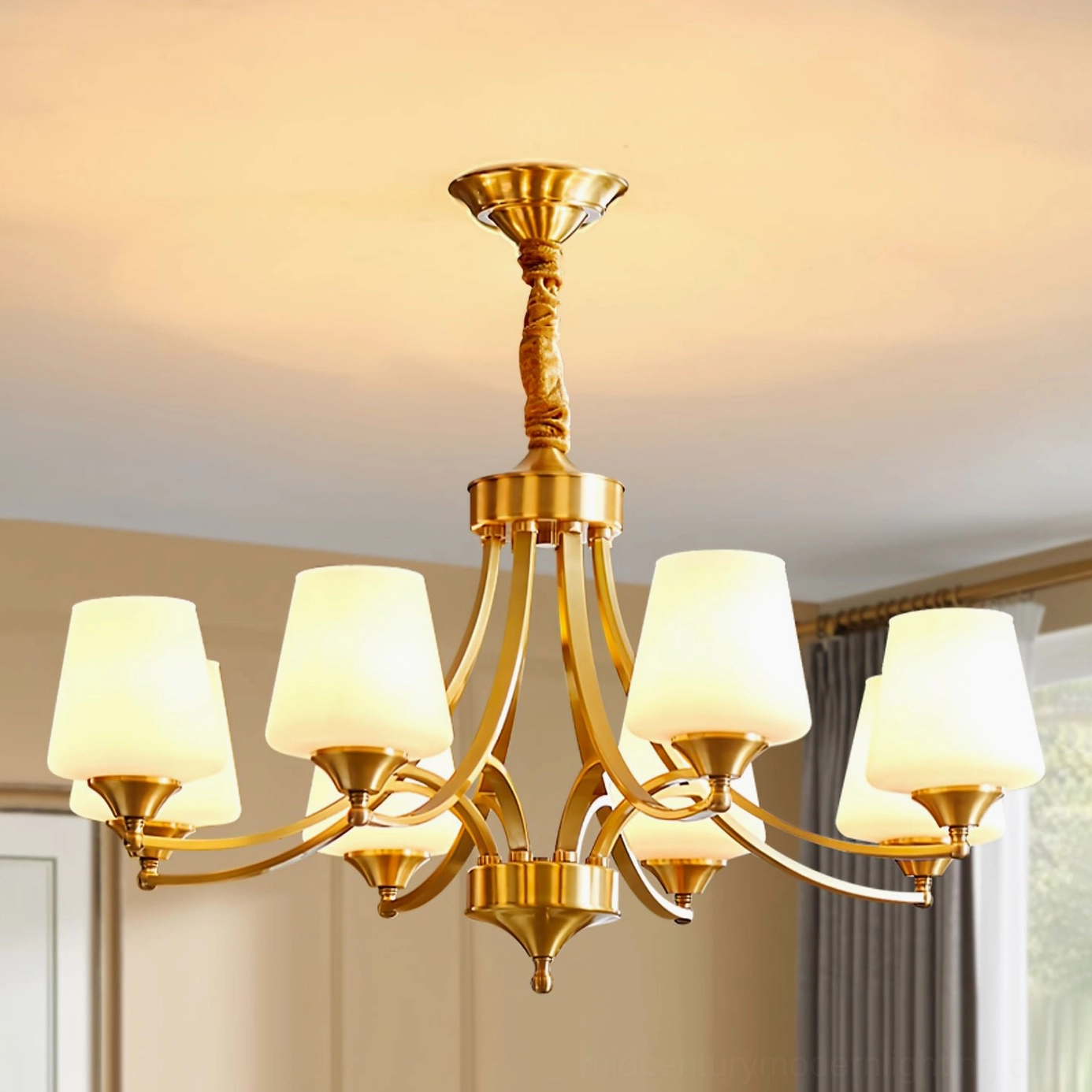 Mid-century modern brass pendant light creating warm ambiance in contemporary residential space