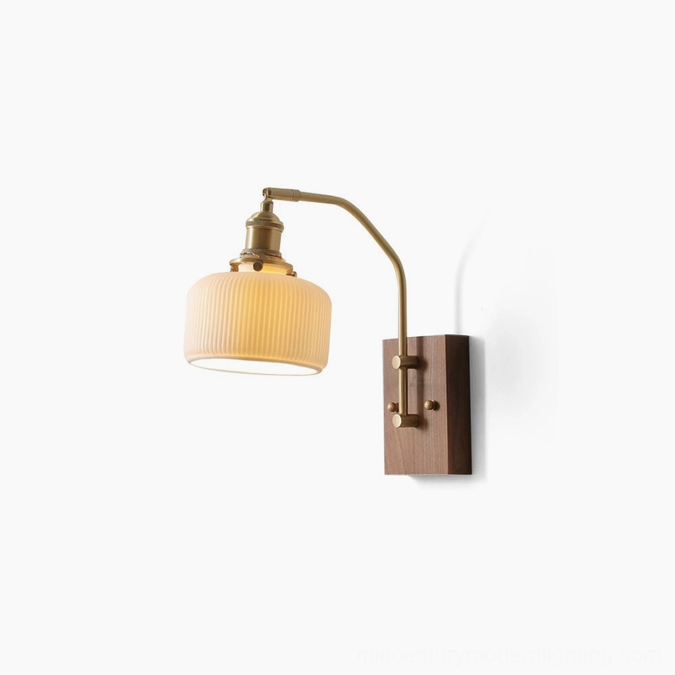 Mid-century modern brass and walnut wood wall sconce with ribbed ceramic shade, front view