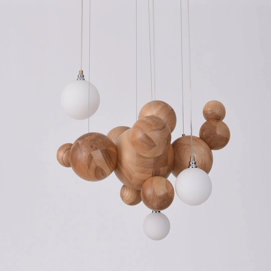 Mid-century modern wood sphere cluster light fixture with organic rustic styling and frosted white glass elements