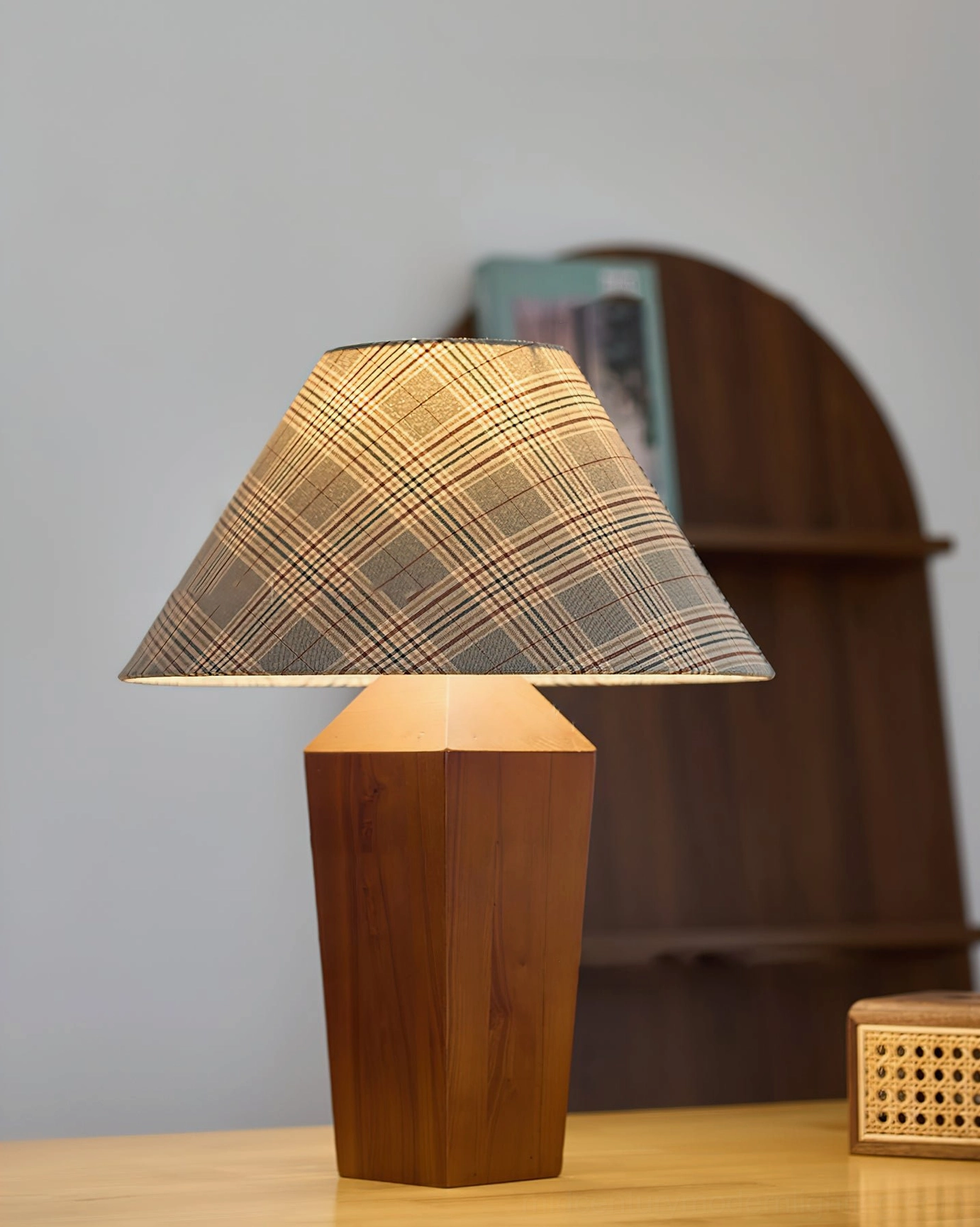 Cabin table lamp wooden base texture and geometric design with plaid lampshade, mid-century modern style