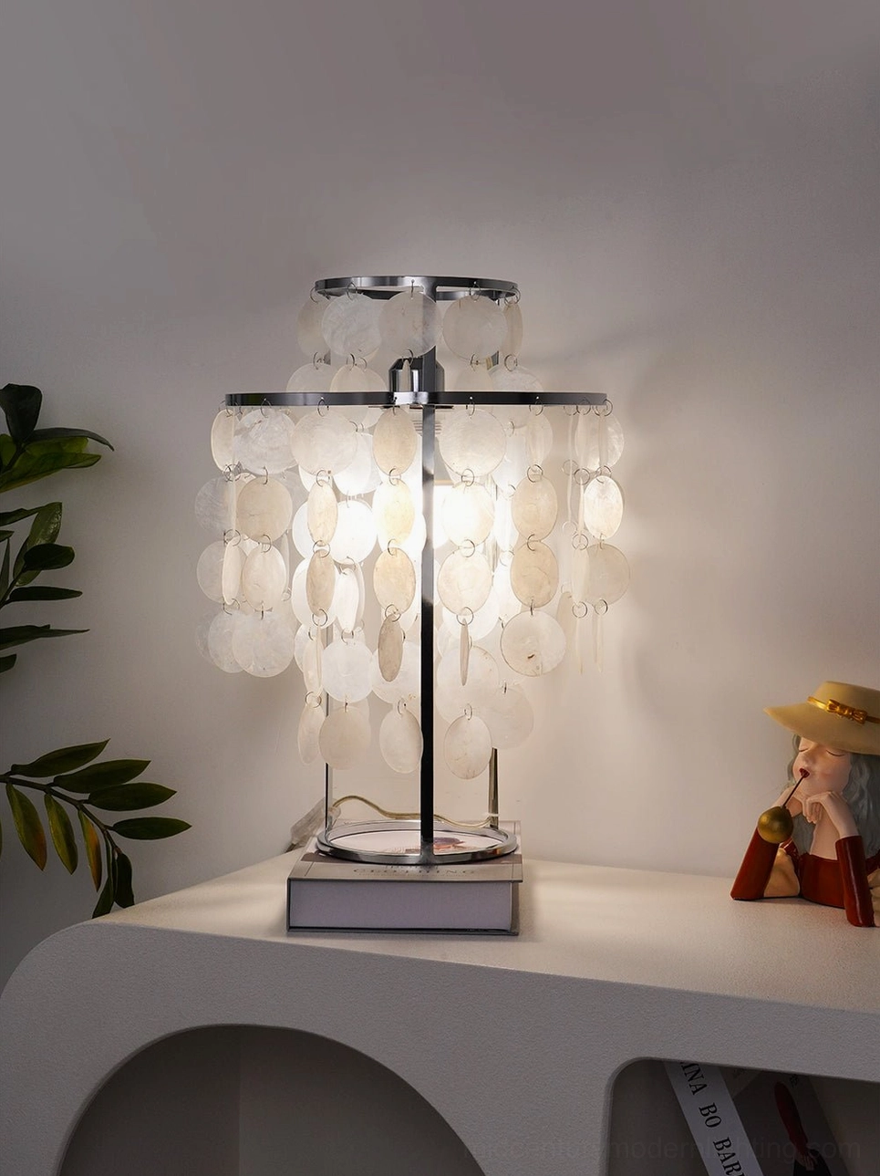 Mid-century modern capiz shell pendant lamp in stylish home interior design